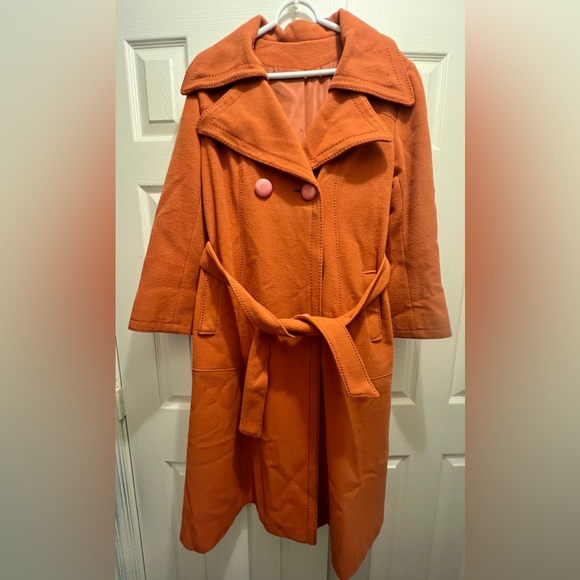 Vintage Burnt Orange Double Breasted Long Retro Wool Fit and Flare Peacoat - Picture 3 of 11